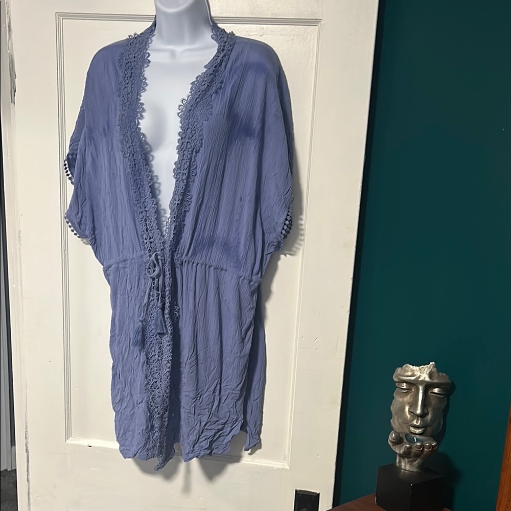 Blue Kimono Cardigan with Lace Trim - Coverup